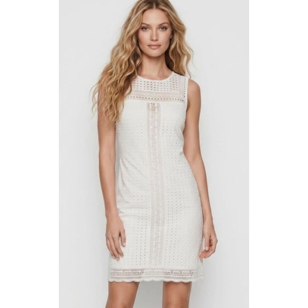 Solitaire White Shift Eyelet Lace Sleeveless White Lined Casual Cotton Dress S